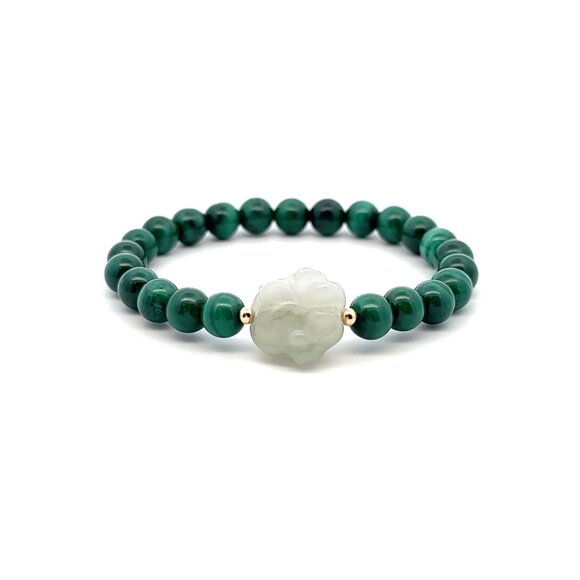 RAFANTHIA Jewelry - Natural Malachite Gemstones Stretch Bracelet and Carved Paw Jade 18k Tiny Beads